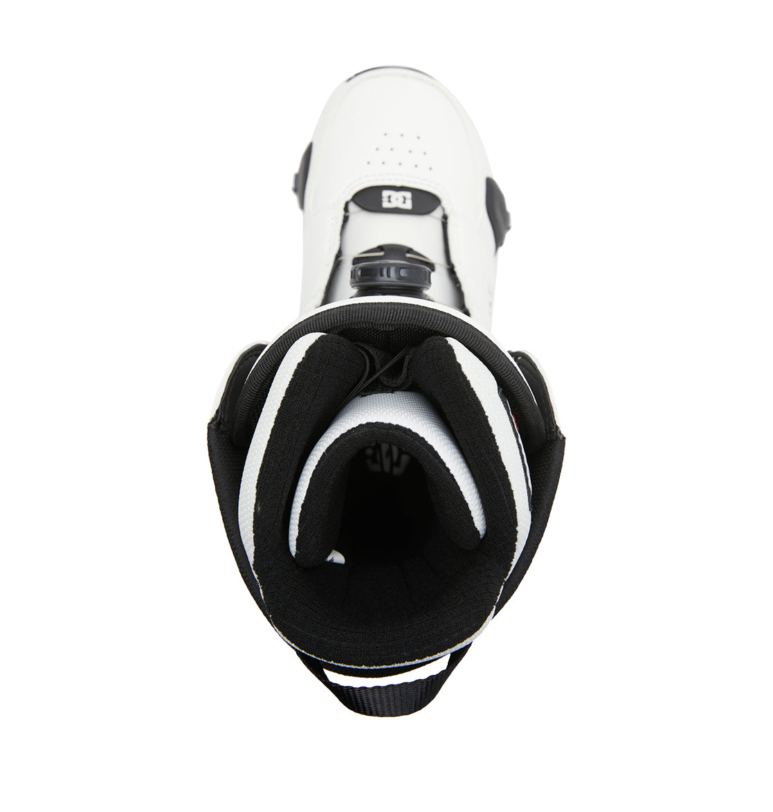 Top view of the DC Shoes Men’s Control Step On® Snowboard Boots in white and black, featuring a padded liner and a front dial adjustment mechanism with Dual Zone BOA Fit System innovation for precise comfort.