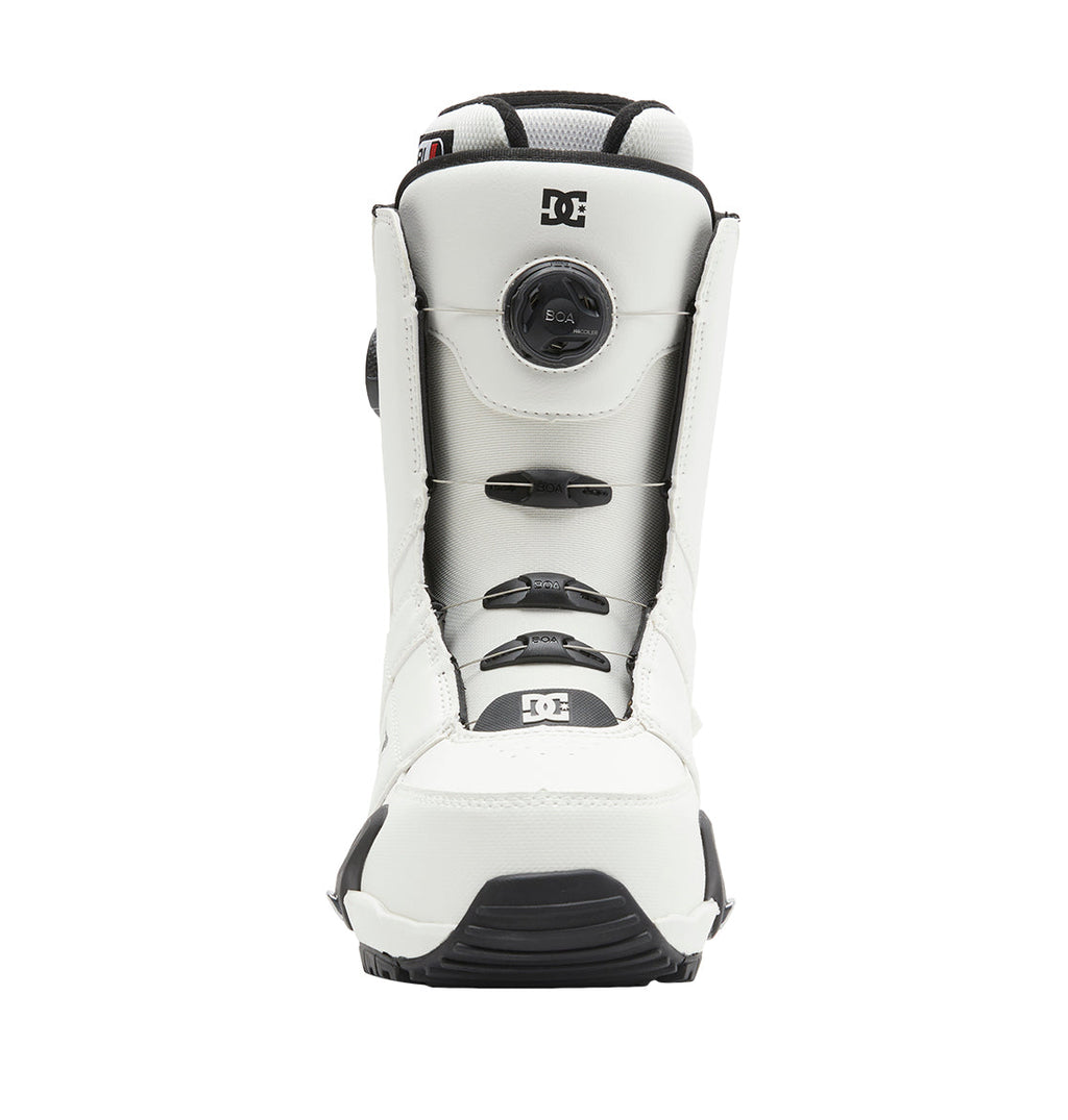 Men’s Control Step On® Snowboard Boots by DC Shoes, featuring a front-facing white design with black accents and a Dual Zone BOA Fit System for precision control, photographed on a plain white background.