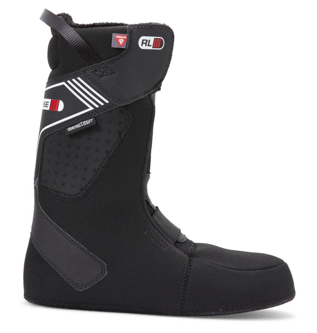 Men’s Judge BOA® Snowboard Boots by DC Shoes, featuring a black snowboarding liner with reinforced panels, a pull tab at the top, and white and red DC branding details. Equipped with the Dual Zone BOA® Fit System for precise adjustment and a durable Vibram outsole. Displayed in profile view facing right against a white background.