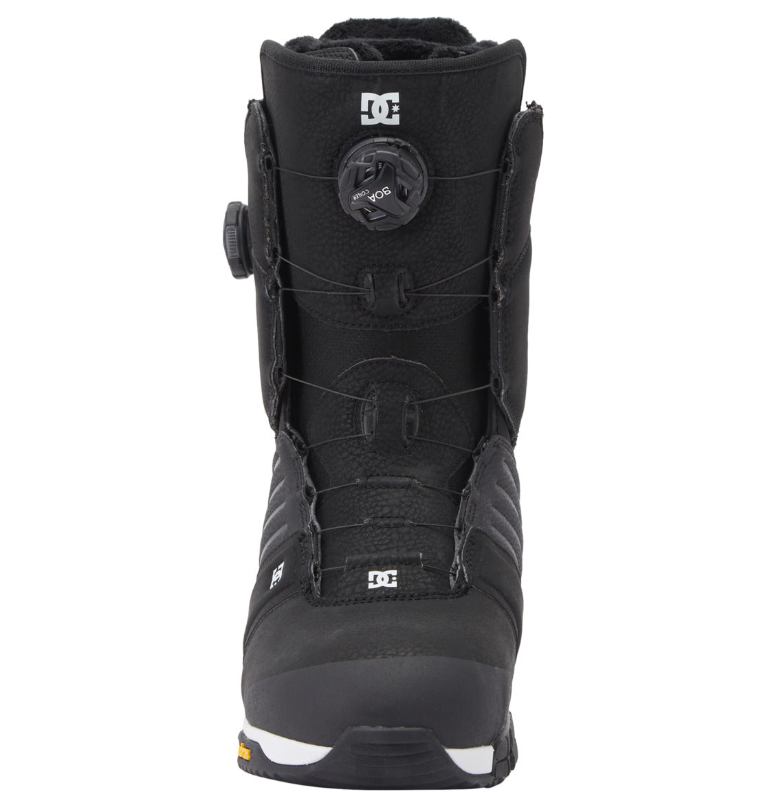 Front view of the Men’s Judge BOA® Snowboard Boots by DC Shoes in black, showcasing a rounded tightening dial and wire lacing system with the Dual Zone BOA Fit System for customizable support. The DC Shoes logo is visible near the top and on the toe, while textured panels and a thick Vibram outsole offer durability and traction.