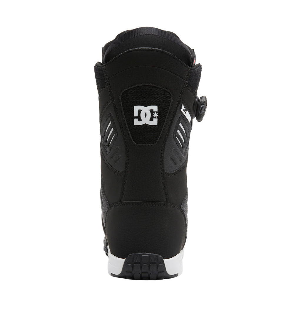 DC Shoes Men’s Judge BOA® Snowboard Boots shown from the back, featuring a white DC logo on the upper heel, a textured sole, and a side dial Dual Zone BOA® Fit System for adjustment.