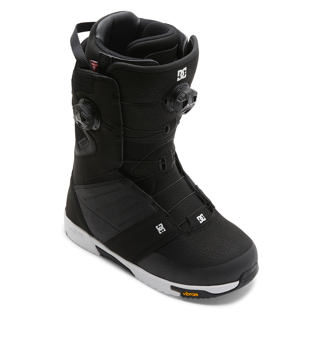 The Men’s Judge BOA® Snowboard Boots by DC Shoes feature a sleek black design with a white sole and prominent Vibram logo. Equipped with the Dual Zone BOA Fit System for precise tightening, these boots showcase classic DC branding on the side and toe to deliver top performance on the mountain.
