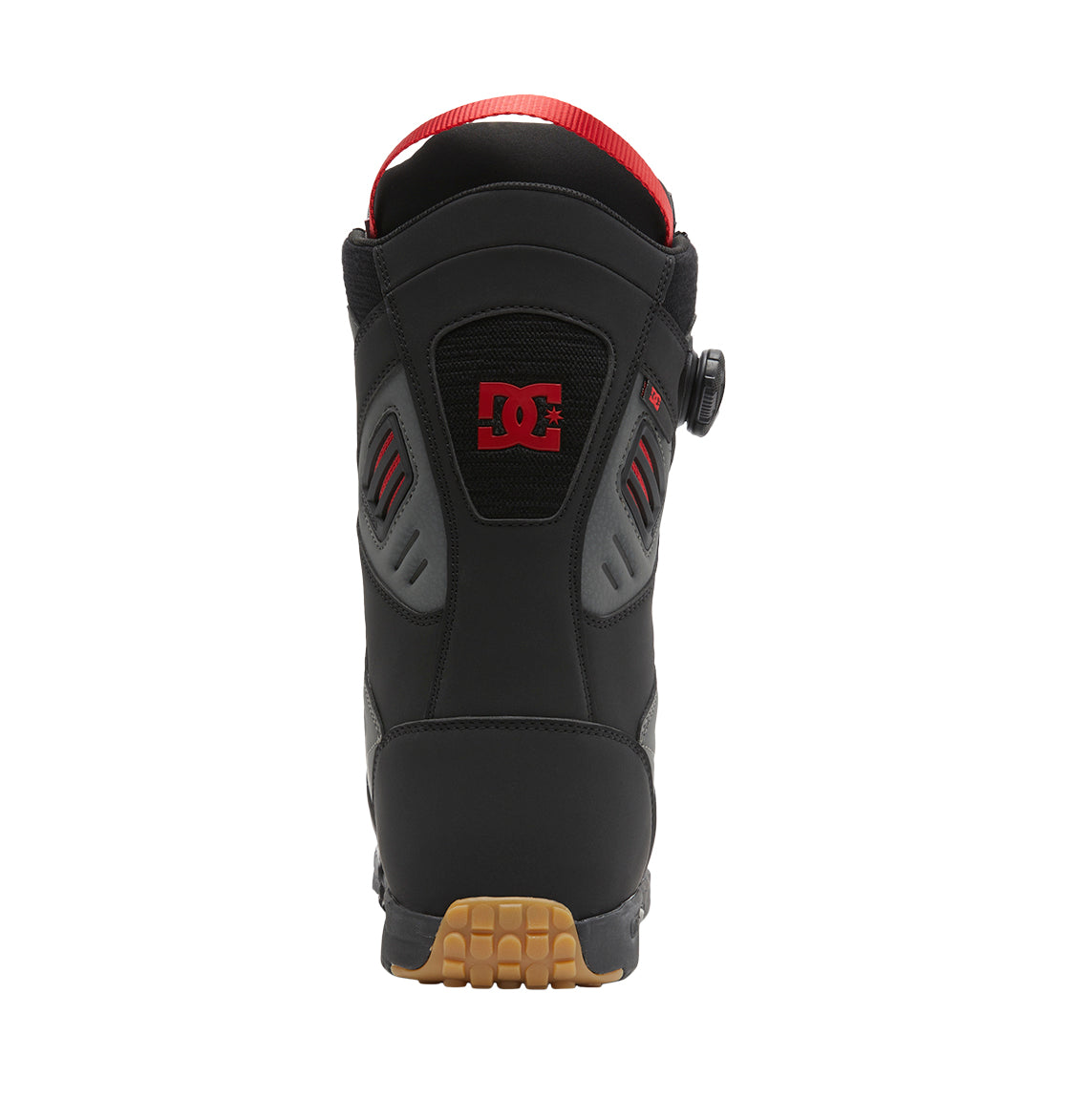 Back view of the Men’s Judge BOA® Snowboard Boots by DC Shoes in black, showcasing the Dual Zone BOA® Fit System with a black side dial, red DC logo, and tan rubber sole, set against a white background.
