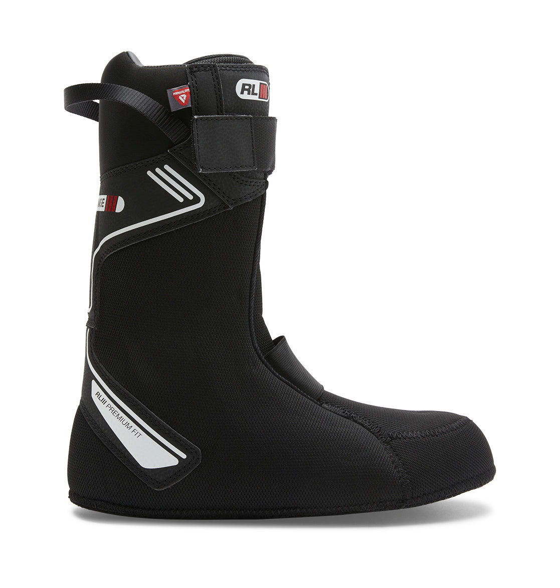 A men’s Judge BOA® snowboard boot liner by DC Shoes, in black with white and red accents, is displayed in profile against a white background. The liner features a high ankle and reinforced sections for enhanced support and comfort, engineered to integrate seamlessly with the Dual Zone BOA® Fit System.