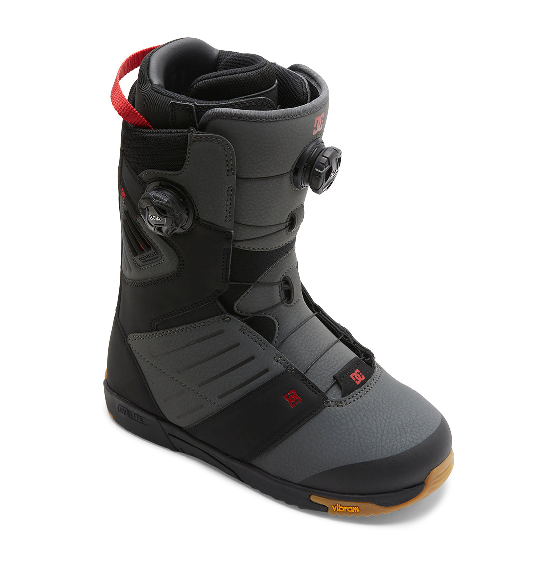A single DC Shoes Men’s Judge BOA® Snowboard Boot in gray and black, featuring a Dual Zone BOA® Fit System lacing system, red pull loop, and Vibram sole, displayed on a white background.
