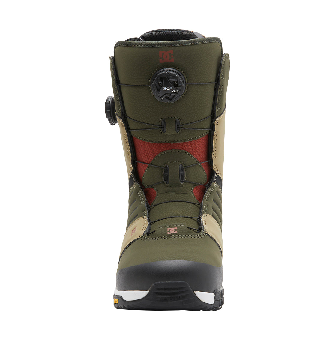 The DC Shoes Men’s Judge BOA® Snowboard Boots showcase a green and tan colorway with black and red accents, viewed from the front, and feature the advanced BOA® Fit System—making them an ideal choice for riders who value comfort and high-performance on the slopes.