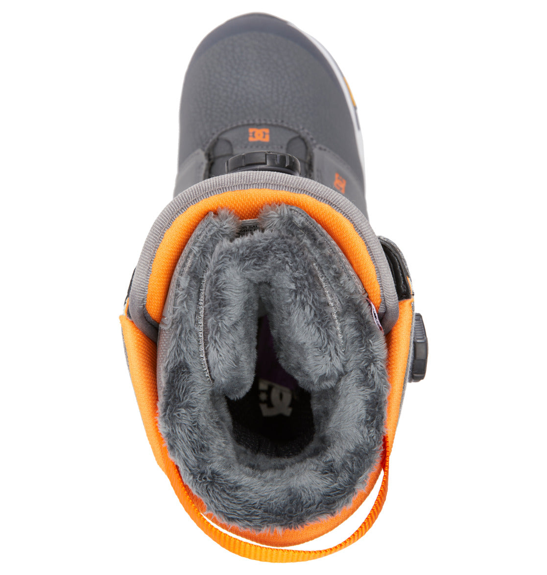 Top view of a single dark gray DC Shoes Men’s Judge BOA® Snowboard Boot featuring a fuzzy gray lining, orange accents, a pull tab at the back, and a durable Vibram outsole for enhanced traction.