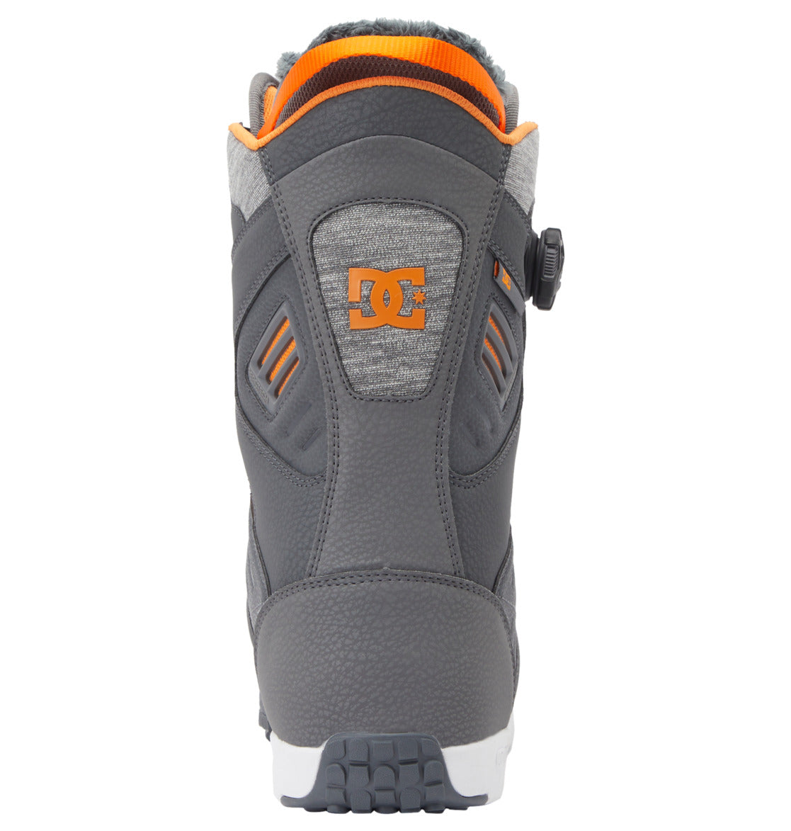 A gray and orange pair of Men’s Judge BOA® Snowboard Boots by DC Shoes is shown from the back, featuring the DC logo, a textured Vibram outsole, and the advanced Dual Zone BOA® Fit System for customizable comfort.