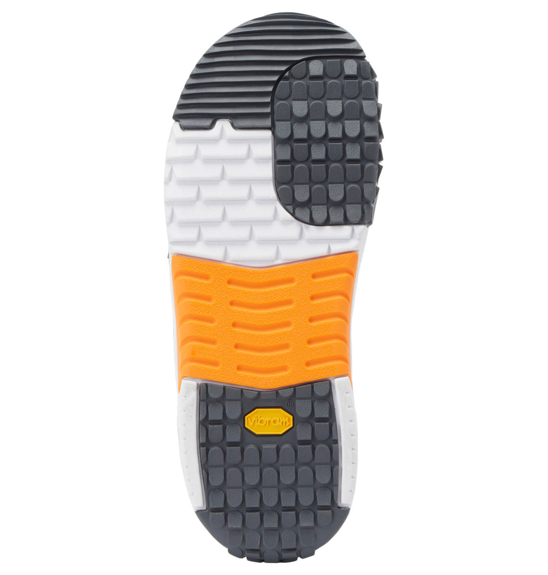 The image shows the sole of the Men’s Judge BOA® Snowboard Boots by DC Shoes, featuring a black, white, and orange tread pattern. The Vibram outsole displays various textures and includes a yellow Vibram logo in the center of the orange section.