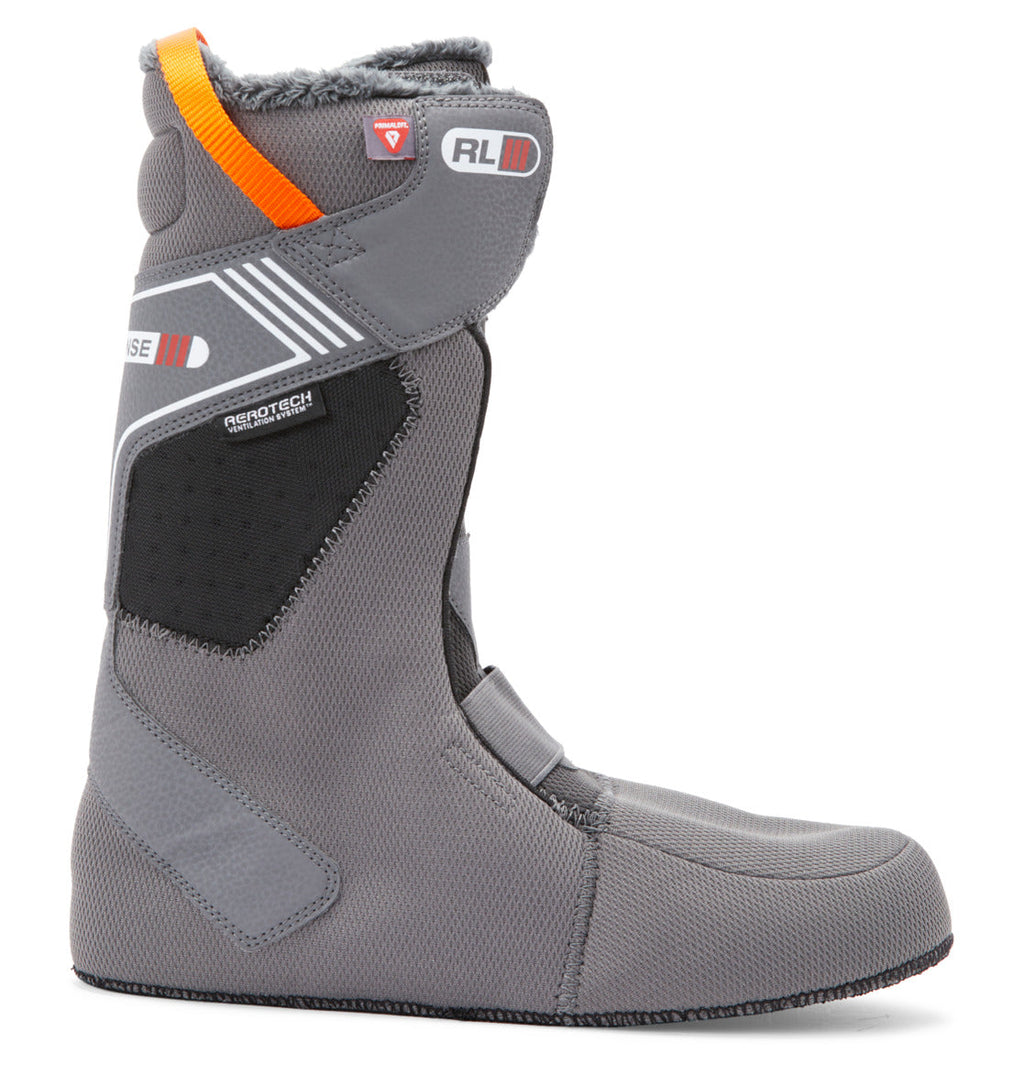 The DC Shoes Men’s Judge BOA® Snowboard Boots are shown in a side profile view against a white background, featuring gray uppers with black and orange accents, Velcro straps, textured fabric panels, and a Vibram outsole.