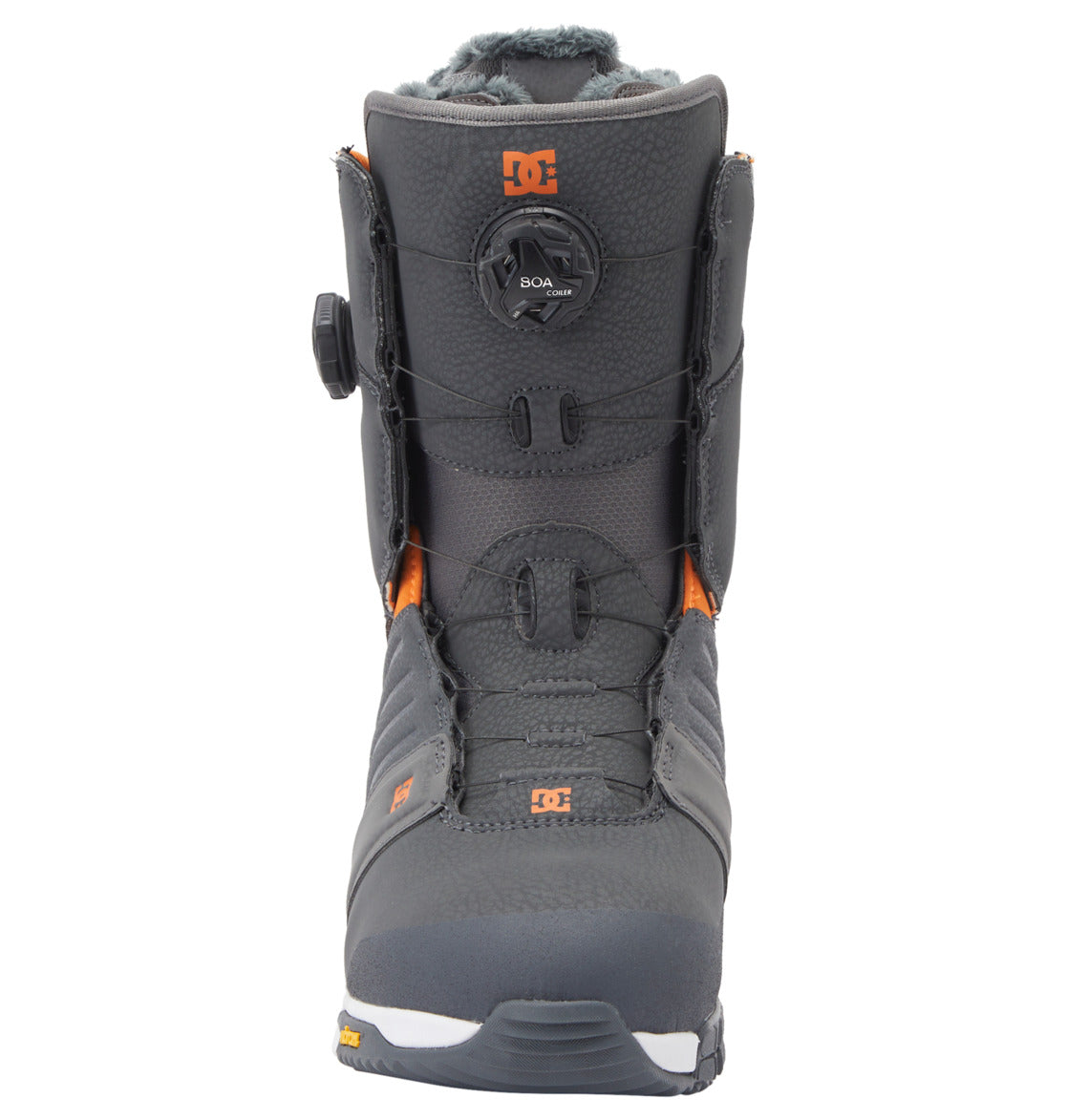A single Men’s Judge BOA® Snowboard Boot by DC Shoes in gray with orange accents, displayed from the front. The boot highlights a centrally placed Dual Zone BOA® Fit System dial and textured detailing around the ankle and toe, finished with a rugged Vibram outsole for durability.