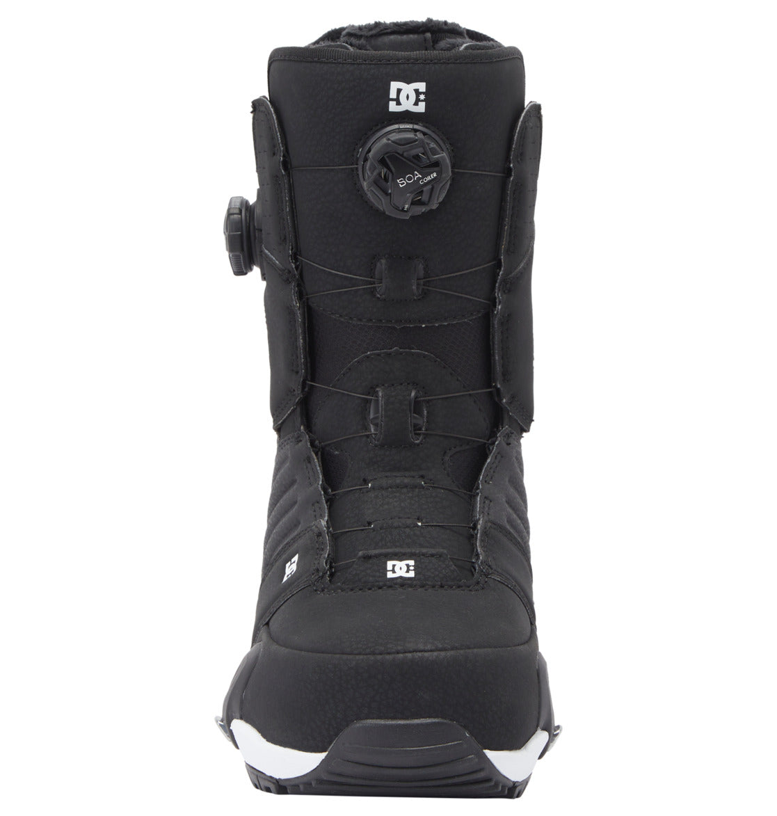 Front view of the DC Shoes Men’s Judge Step On® BOA® Snowboard Boots in black, showcasing the BOA® Fit System for easy dial tightening, with DC branding on the tongue and toe.