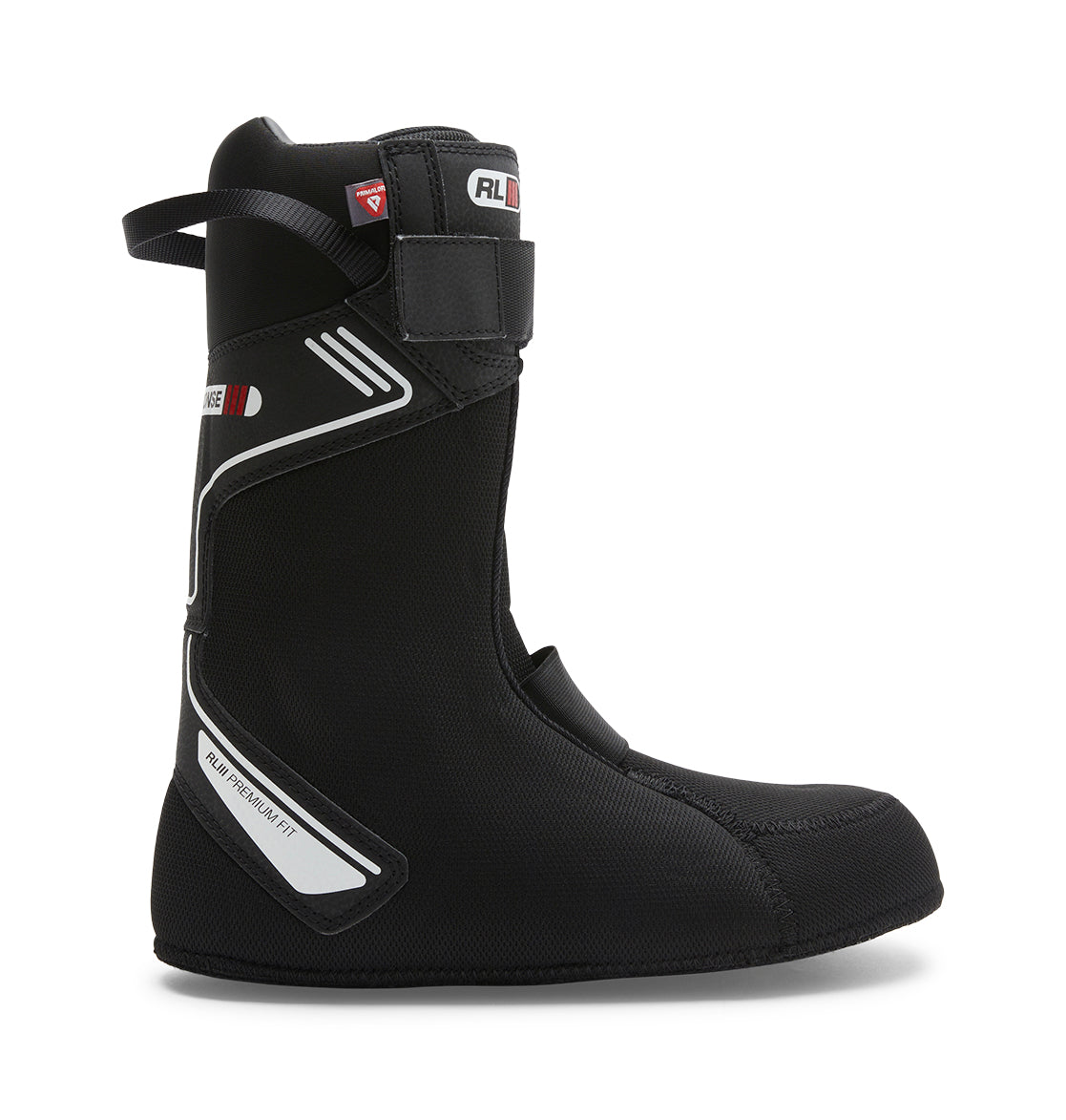 A men’s Judge Step On® snowboard boot liner by DC Shoes in black with white and red accents features a BOA Fit System for custom comfort, a velcro strap at the top, and reinforced heel and toe areas. Shown in profile view facing right.
