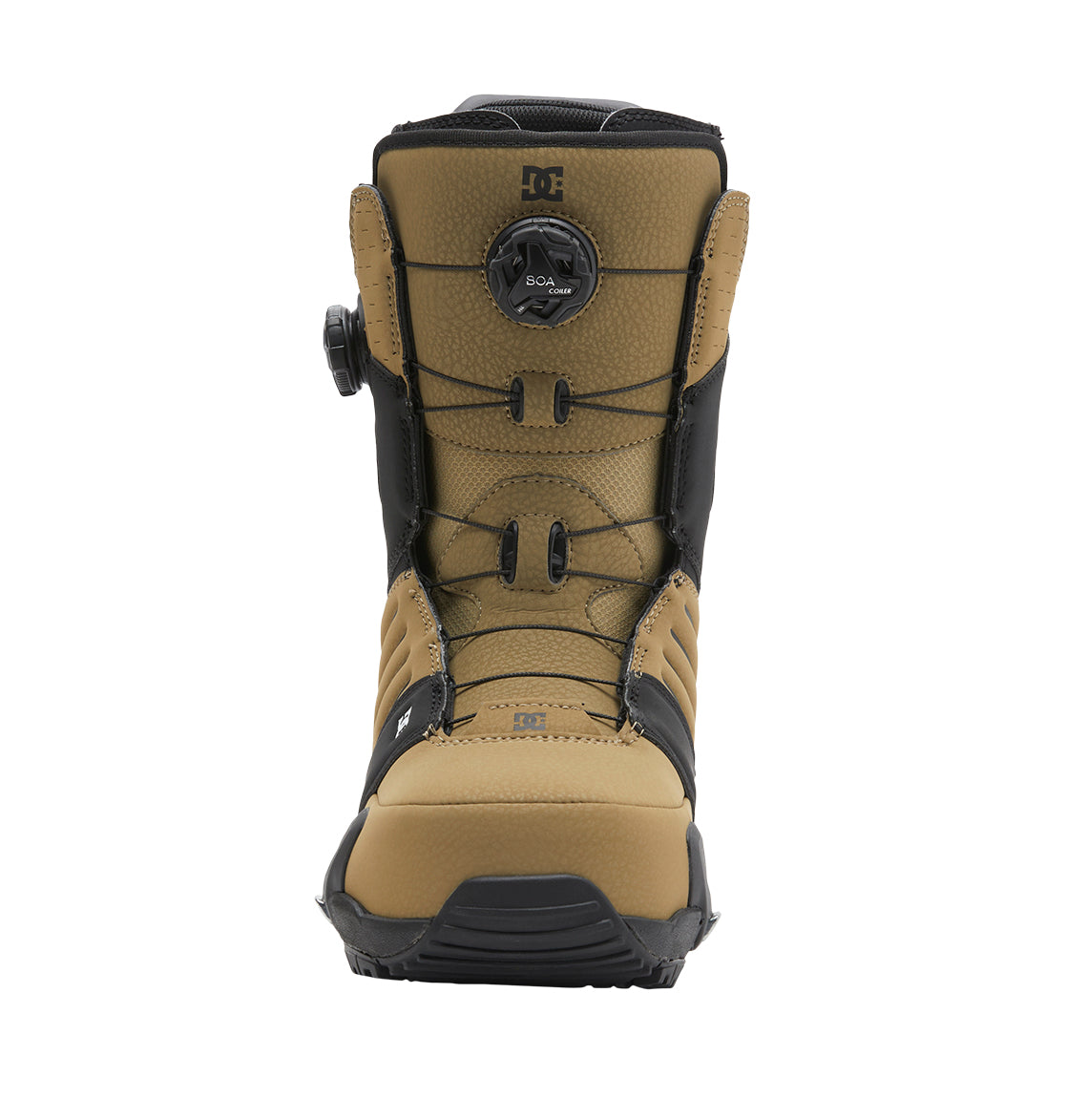 Front view of the DC Shoes Men’s Judge Step On® Snowboard Boot in tan and black, featuring a round BOA Fit System tightening dial and visible stitching details.