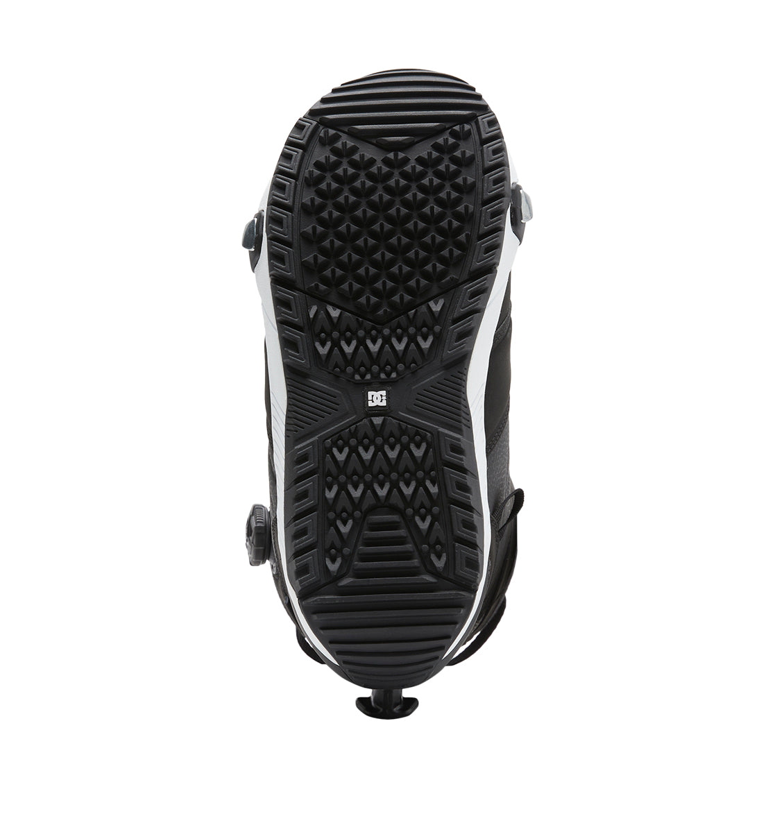 Men’s Judge Step On® Snowboard Boot by DC Shoes viewed from the bottom, featuring a detailed geometric tread pattern with a small DC logo at the center and two white side panels along the sole for added grip and structure—engineered for seamless integration with Judge Step On bindings.