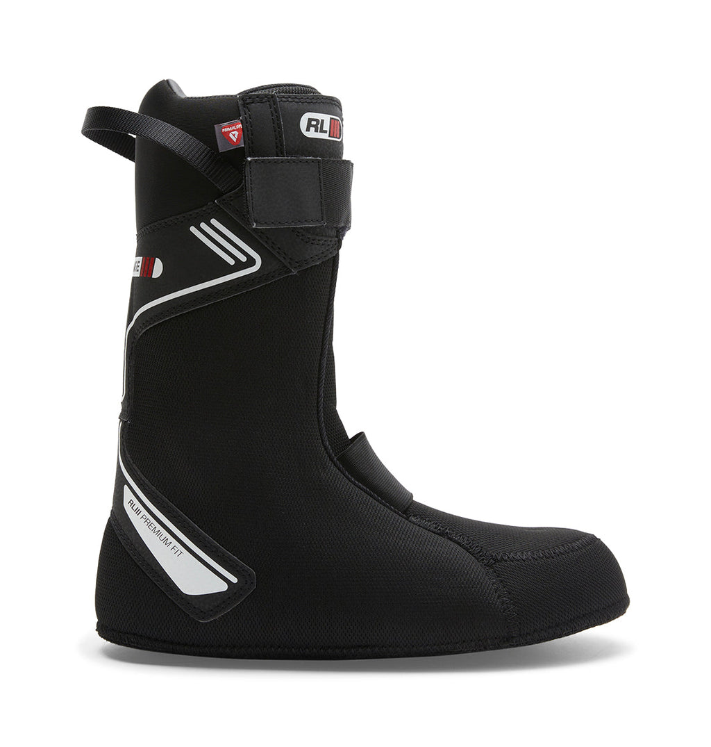 A side view of the DC Shoes Men’s Judge Step On® Snowboard Boot liner in black, accented with white and red, is shown against a white background. Inspired by the Judge Step On system, this liner features a Velcro strap and reinforced stitching for increased support and durability.