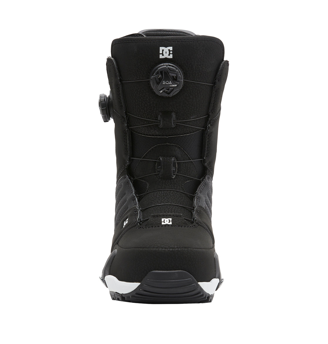 Front view of the Men’s Judge Step On® Snowboard Boots by DC Shoes in black, featuring the Dual Zone BOA Fit System and a black upper with white accents on the sole and heel.
