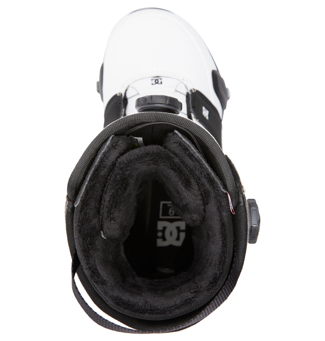 Top-down view of the Men’s Judge Step On BOA® Snowboard Boot by DC Shoes in black and white, featuring a visible DC Shoes logo on the padded interior, a cushioned tongue, the BOA® Fit System dial, and a heel strap.