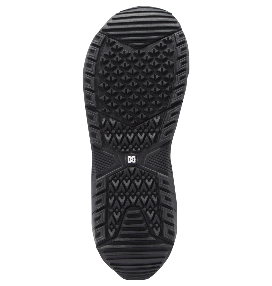 A black rubber outsole featuring various geometric tread patterns—such as triangles and lines—for optimal traction, designed specifically for DC Shoes Men’s Judge Step On BOA® Snowboard Boots. A small logo near the center of the sole indicates its compatibility with Step On systems.