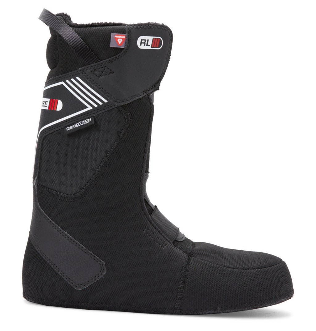 Black and gray Men’s Judge Step On BOA® Snowboard Boots by DC Shoes, featuring a reinforced-stitched liner, Velcro strap, and pull loops at the top. The side showcases white and red DC Shoes logos with textured padding for added support. Shown in side profile—ideal for use with Judge Step On models or as an upgrade to your current BOA Fit System setup.