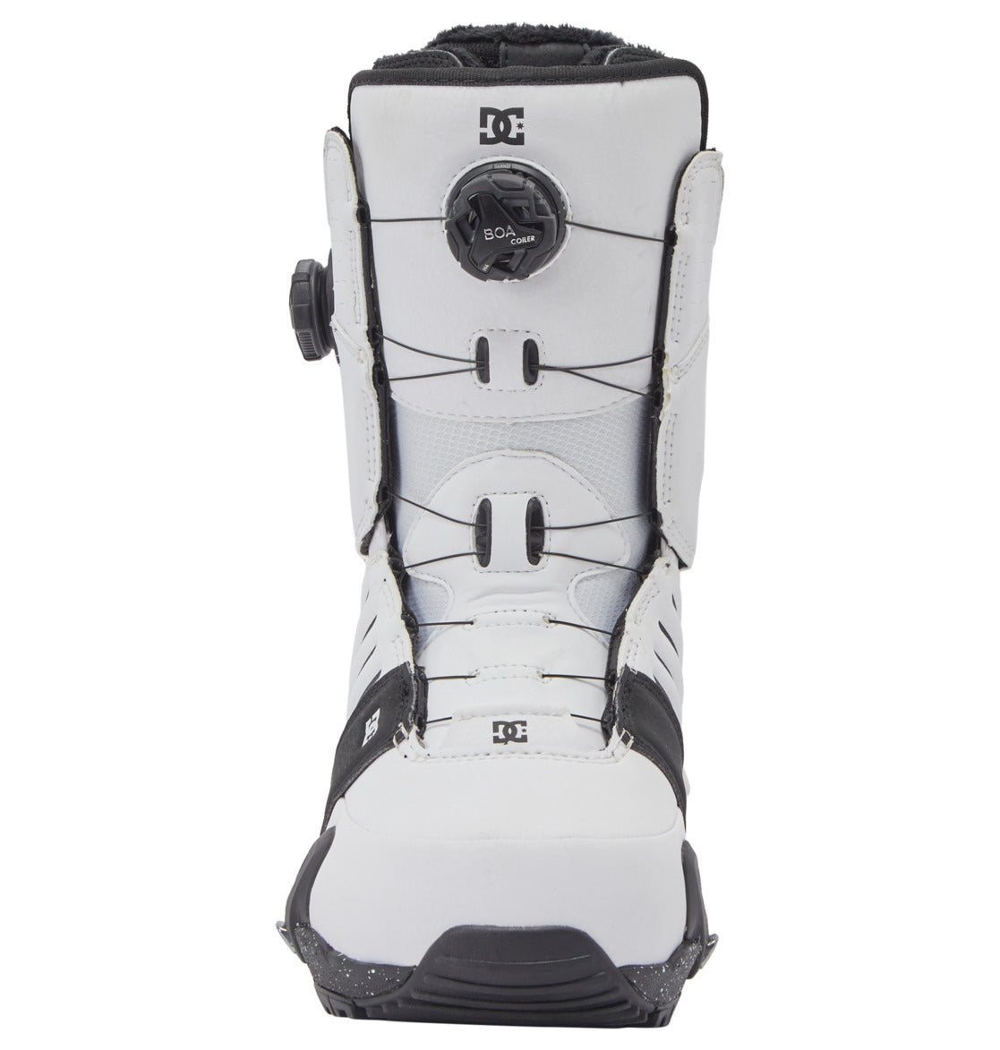 Front view of the Men’s Judge Step On BOA® Snowboard Boots by DC Shoes in white and black, featuring the advanced BOA® Fit System for quick adjustments, with the DC Shoes logo visible on the tongue and lower front.