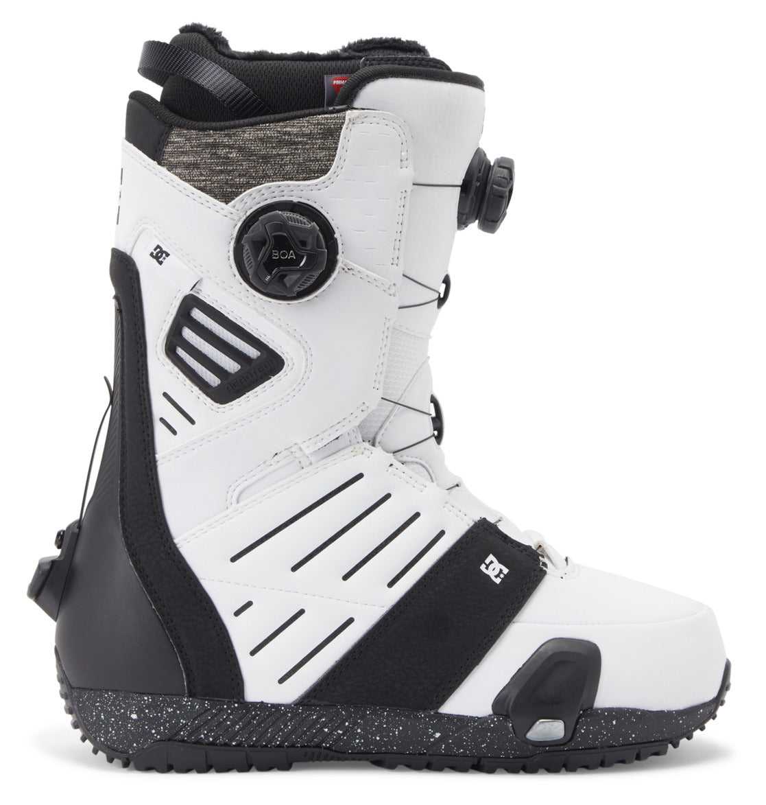 A pair of DC Shoes Men’s Judge Step On BOA® Snowboard Boots in a white and black colorway, featuring textured details, ventilation slits, a BOA® Fit System dial closure, and a rugged black sole. The boot is positioned upright and viewed from the side.