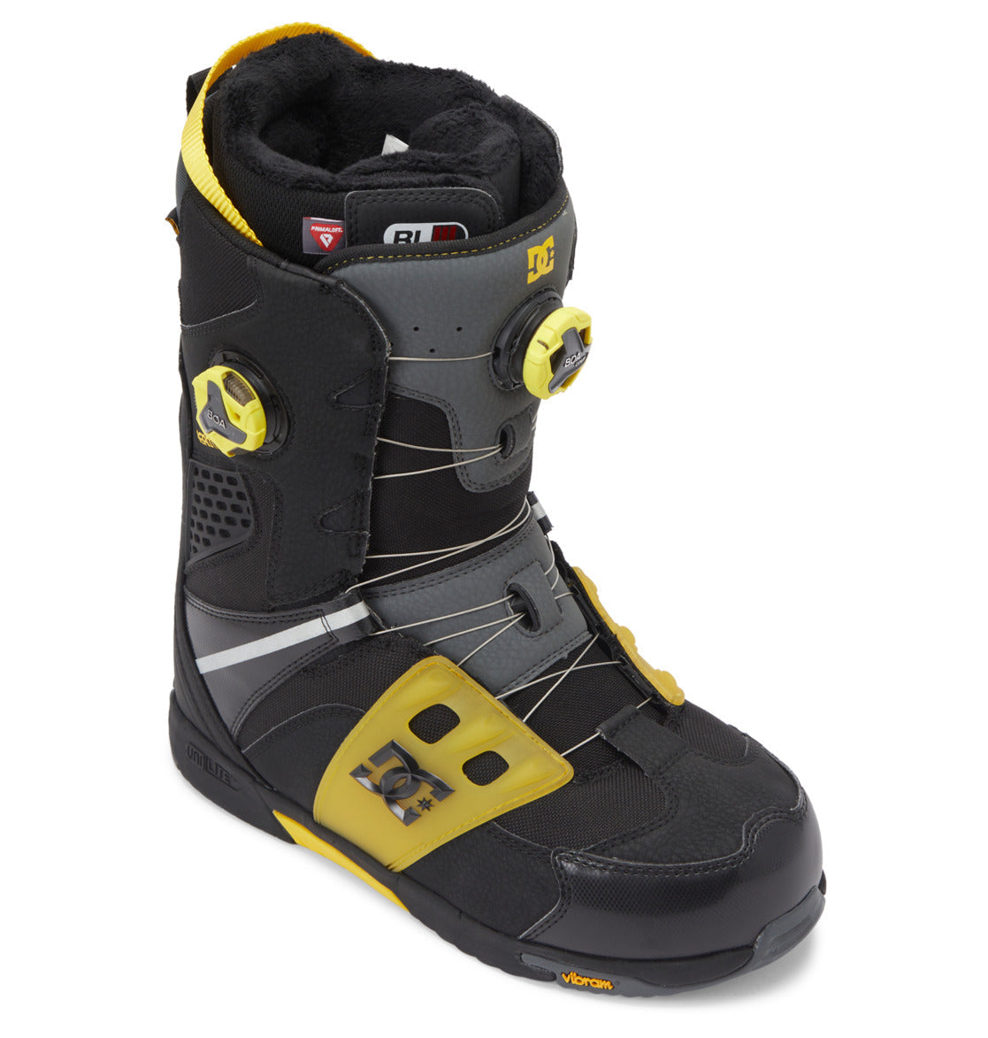 Black and yellow Men’s Phantom BOA® Snowboard Boots by DC Shoes, featuring dual BOA® Fit System dials, the DC Shoes logo on the side, and a Vibram sole. Designed with PrimaLoft insulation for enhanced warmth, these boots include grey panels, metal laces, and a padded interior visible at the top.
