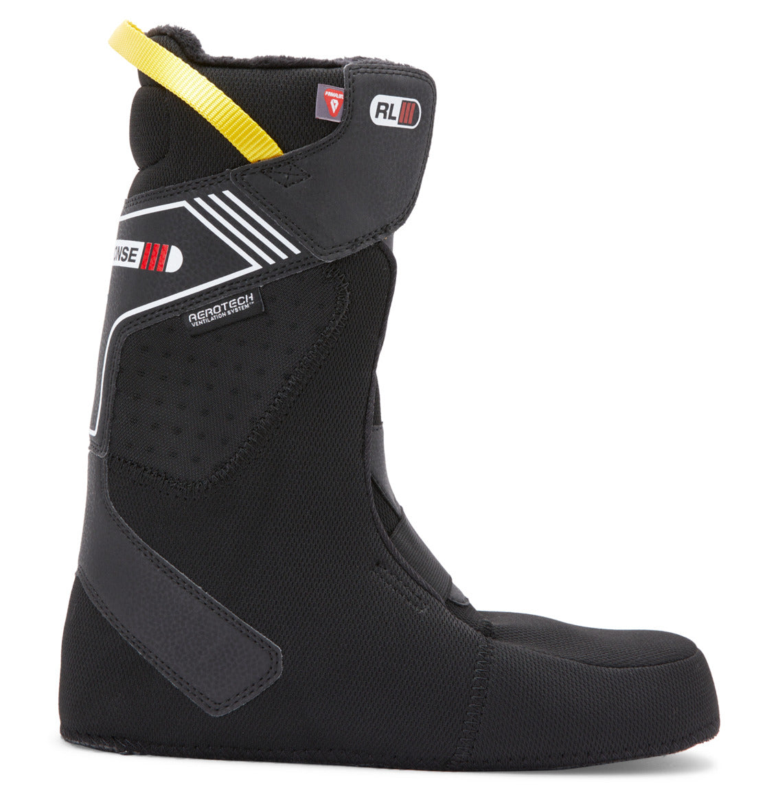 Black and gray liner from DC Shoes Men’s Phantom BOA® Snowboard Boots, featuring a yellow pull tab, white detail stripes, reinforced stitching, and PrimaLoft insulation for extra warmth. Displayed in a side profile against a plain white background.