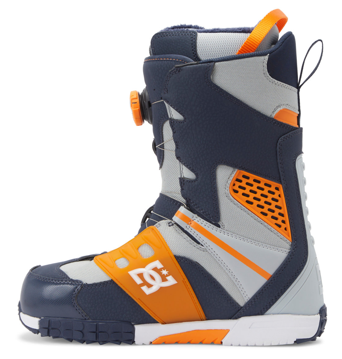 The Men’s Phantom BOA® Snowboard Boots by DC Shoes feature a navy blue, orange, and gray design with a textured sole, orange accents, and a white DC logo on the side. These boots offer a high ankle silhouette, PrimaLoft insulation for extra warmth, and a convenient pull loop at the back.