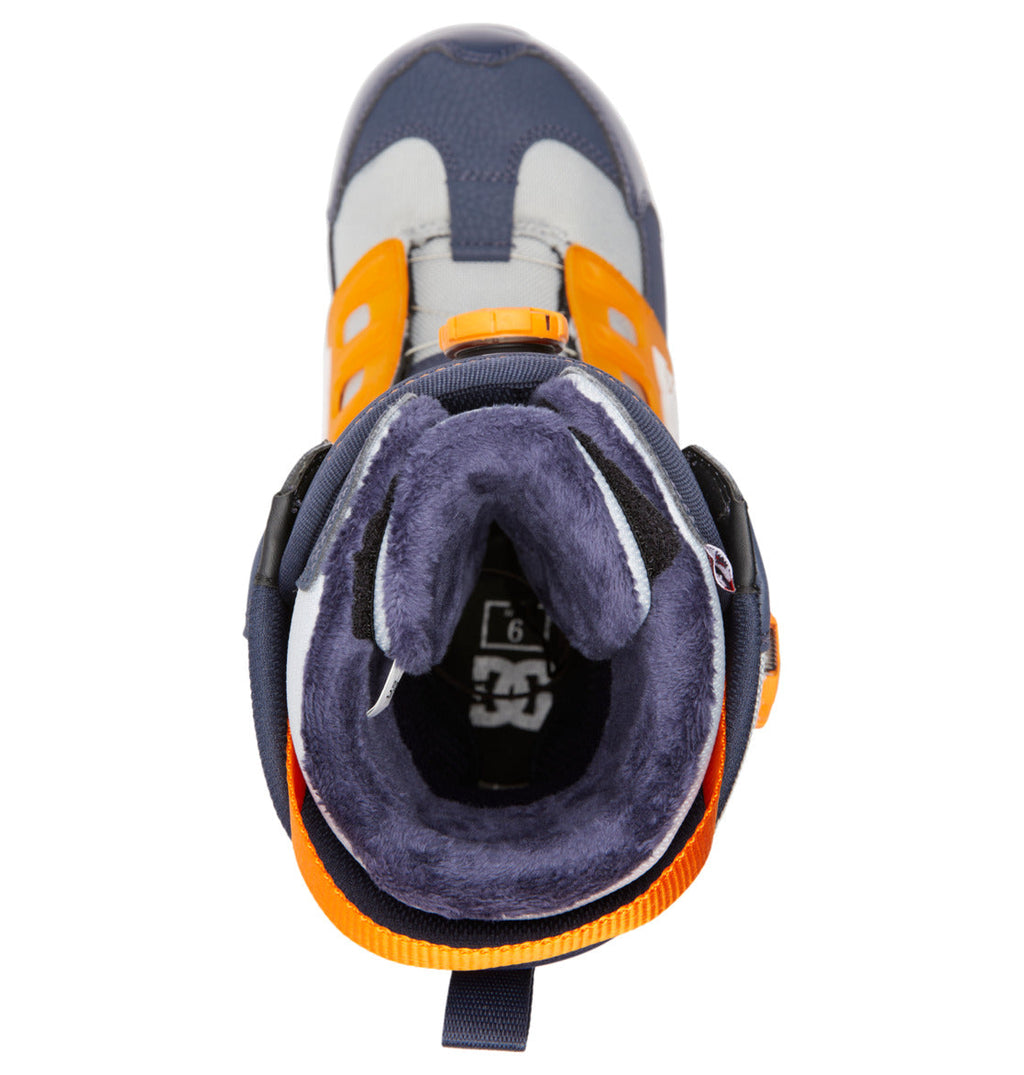 Top view of the DC Shoes Men’s Phantom BOA® Snowboard Boot in gray, navy blue, and orange accents, featuring plush purple-gray lining and a visible size label marked 9. Engineered with PrimaLoft insulation for superior warmth and comfort, this style is inspired by technical snowboard boots.