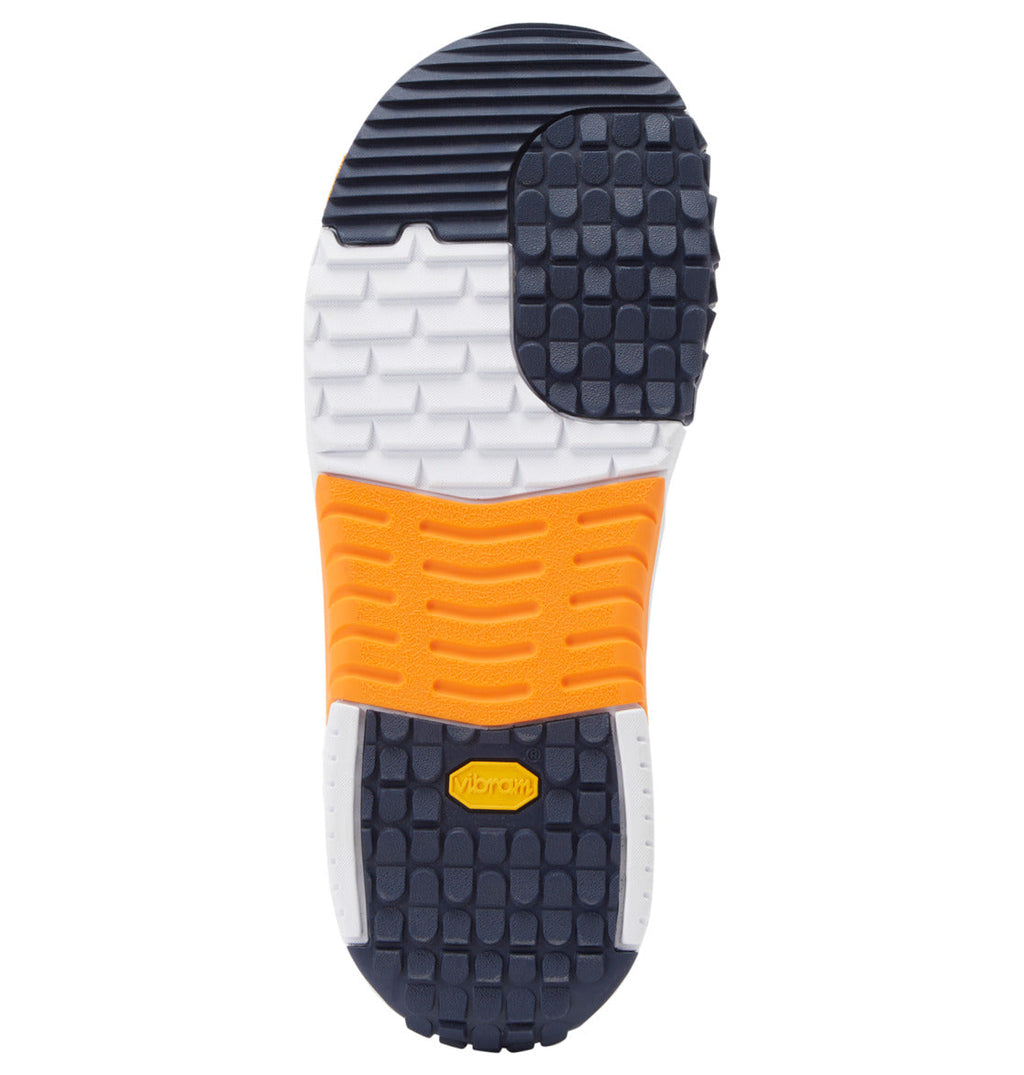 The sole of the DC Shoes Men’s Phantom BOA® Snowboard Boots showcases a textured design with black, white, and orange sections and a prominent yellow Vibram logo at the center. Drawing inspiration from high-performance snowboard boots, the multicolored tread pattern is engineered to offer enhanced grip and flexibility, delivering superior traction in all conditions.