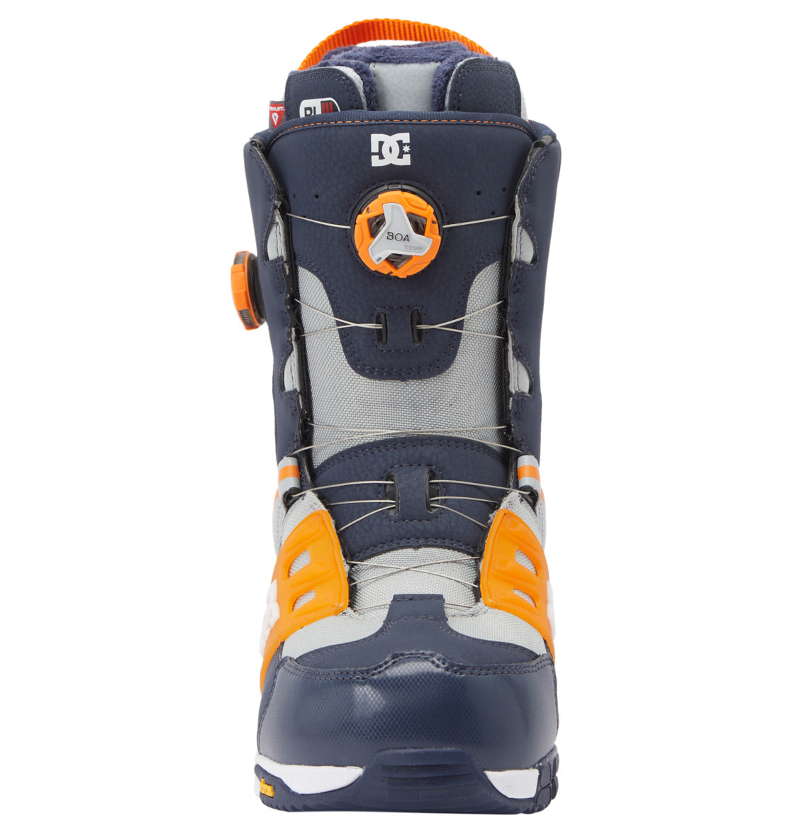 Front view of the DC Shoes Men’s Phantom BOA® Snowboard Boots in blue, gray, and orange, featuring a BOA® Fit System lacing mechanism with clearly visible dial and wire for easy adjustment. The branded logo is prominently displayed on the tongue, making these snowboard boots both convenient and high-performing.