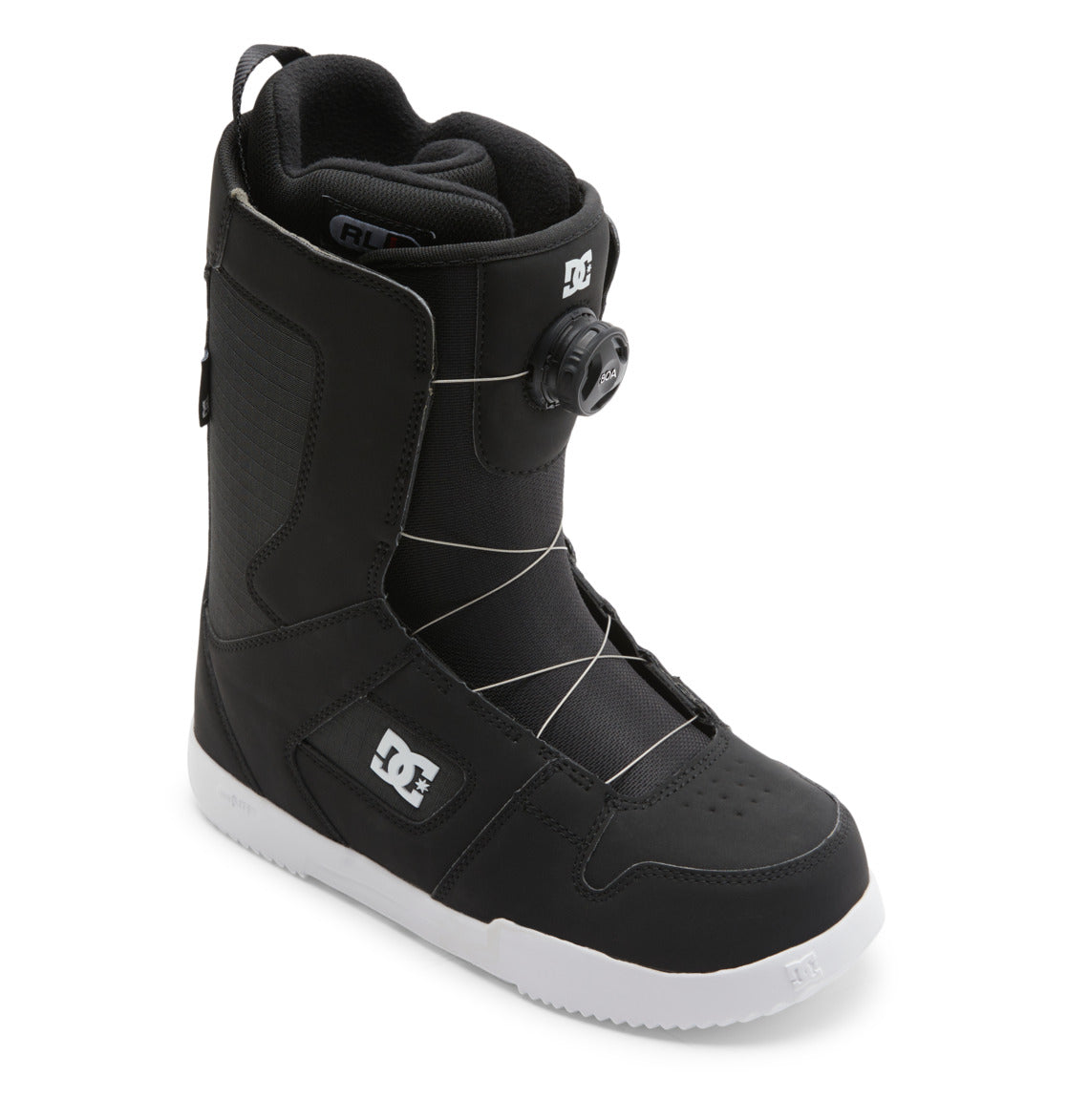 The Men’s Phase BOA® Snowboard Boots by DC Shoes are black with a white sole, feature the DC logo and advanced BOA Fit System dial lacing, and include IMPACT-ALG insoles for enhanced comfort; displayed at an angle on a white background.