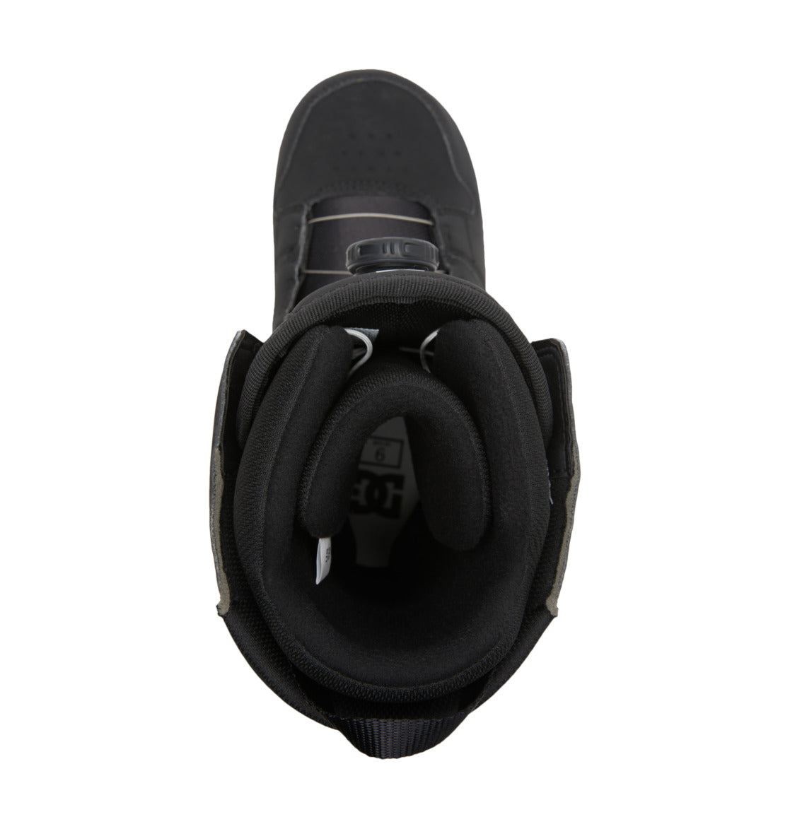Top view of the Men’s Phase BOA® Snowboard Boot by DC Shoes, showcasing a thick padded collar, prominent tongue, and a DC Shoes logo on the insole. Engineered for optimal comfort, this boot features IMPACT-ALG insoles for superior cushioning.
