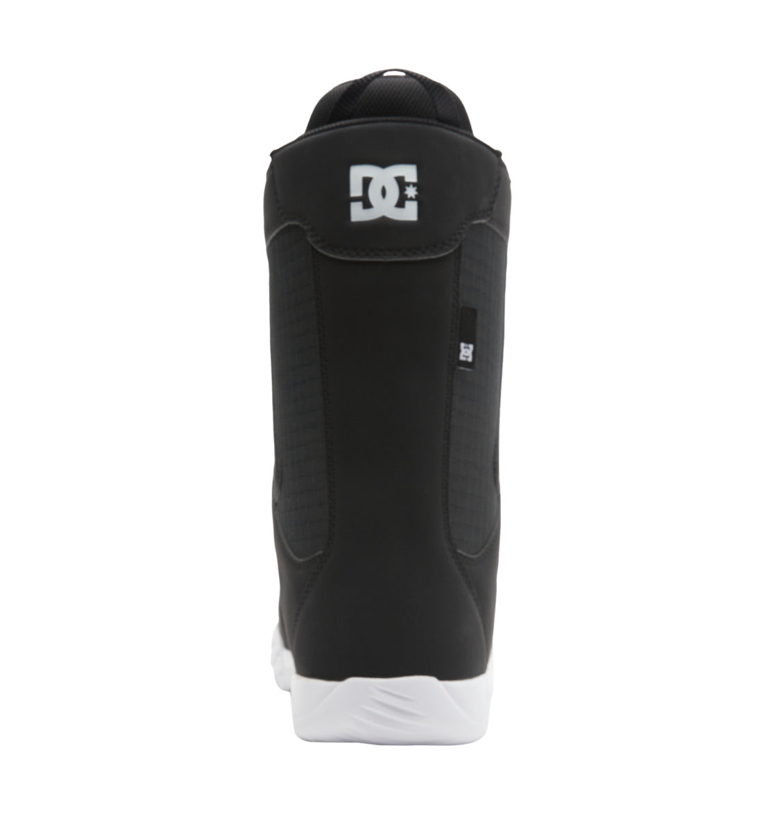 A rear view of the Men’s Phase BOA® Snowboard Boots by DC Shoes in black, showcasing the white DC Shoes logo near the top and a white sole, designed with IMPACT-ALG insoles for enhanced comfort and cushioning.
