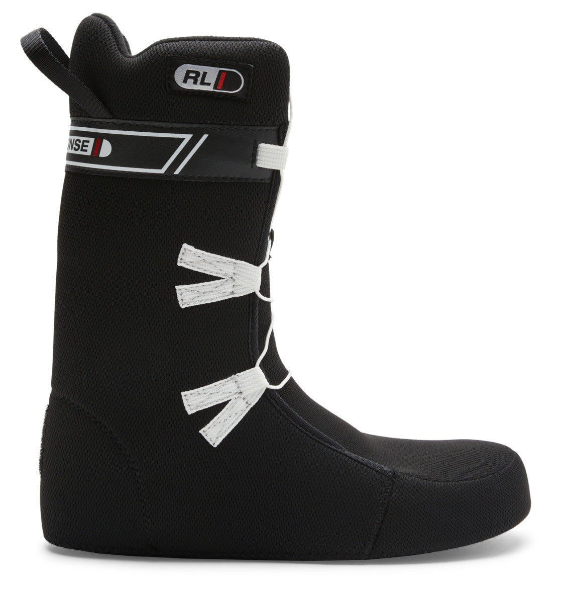 A side view of the Men’s Phase BOA® Snowboard Boots by DC Shoes is shown on a plain white background, featuring a black boot liner with white laces and logo accents, and comfortable IMPACT-ALG insoles.