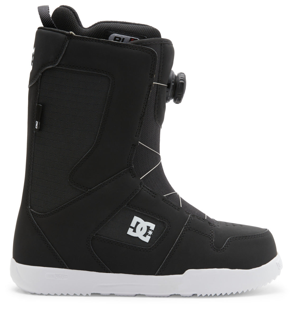 The DC Shoes Men’s Phase BOA® Snowboard Boot is shown in profile facing left against a white background, featuring a black design with IMPACT-ALG insoles, a white sole, side DC logo, and the BOA Fit System dial tightening system.