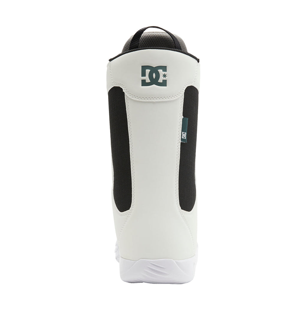 A rear view of the DC Shoes Men’s Phase BOA® Snowboard Boots in black and white, showcasing a prominent DC logo at the top, a convenient pull tab, and sleek, streamlined design lines.
