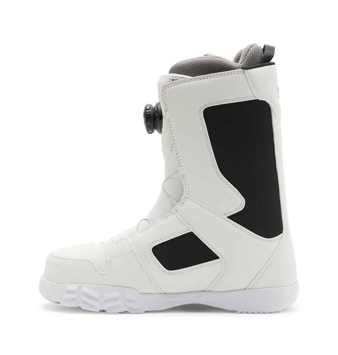The DC Shoes Men’s Phase BOA® Snowboard Boot is shown in white with black panels and features a BOA® Fit System dial closure, displayed in a side profile view on a white background.