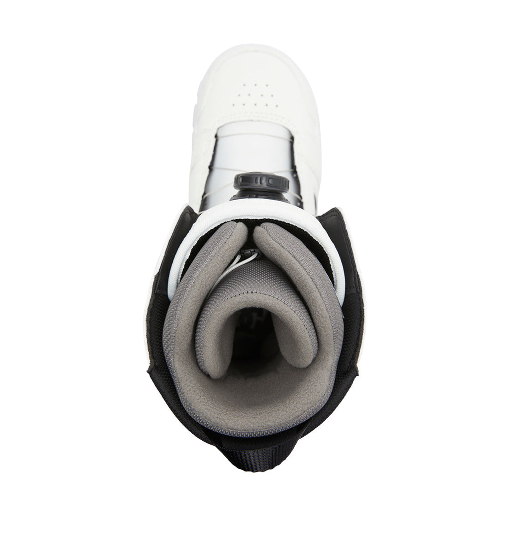 Top view of a single DC Shoes Men’s Phase BOA® Snowboard Boot, featuring black and gray interior padding, an open collar, a visible tongue, and a BOA® Fit System closure.