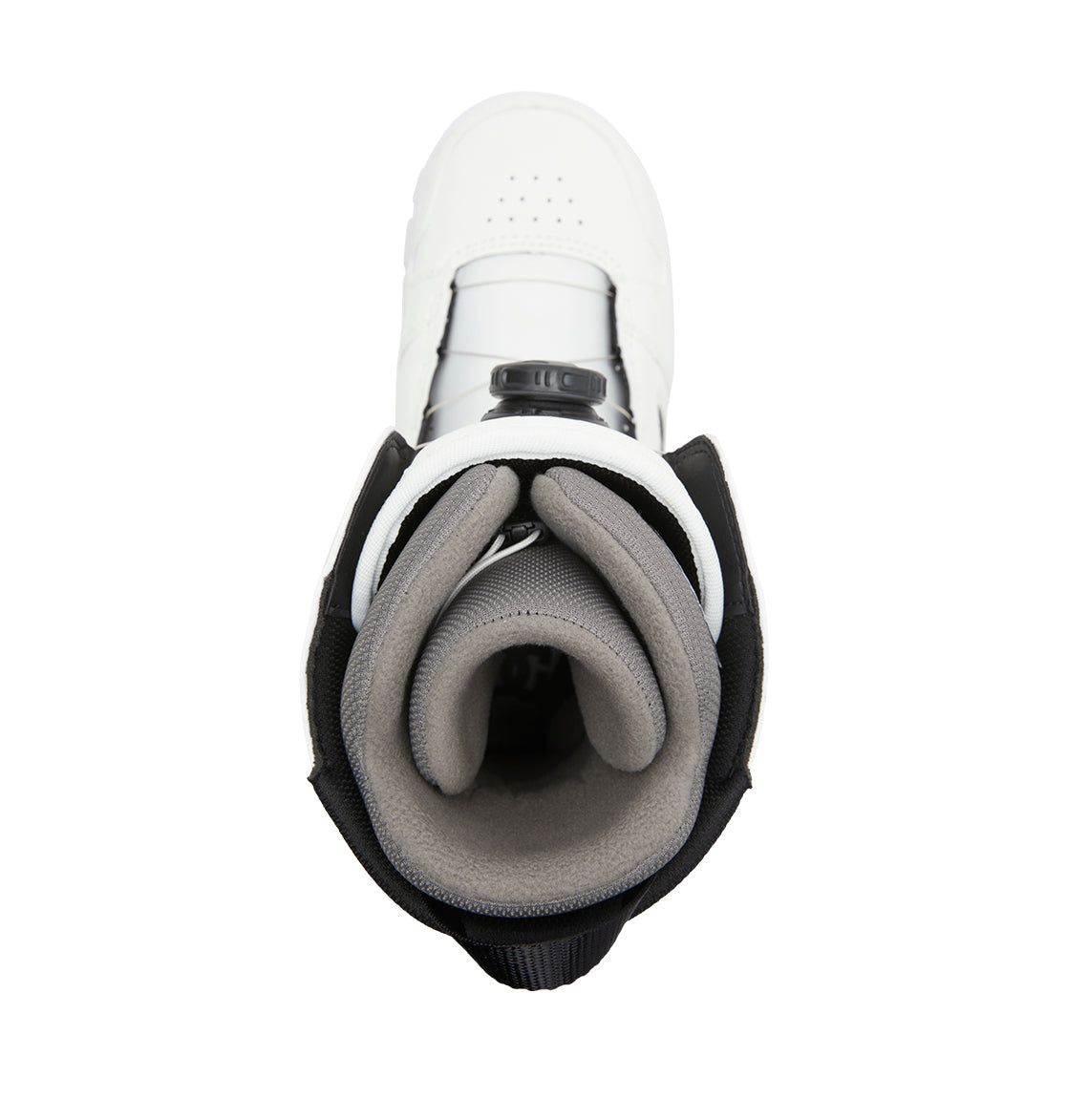 Top view of a single DC Shoes Men’s Phase BOA® Snowboard Boot, featuring black and gray interior padding, an open collar, a visible tongue, and a BOA® Fit System closure.