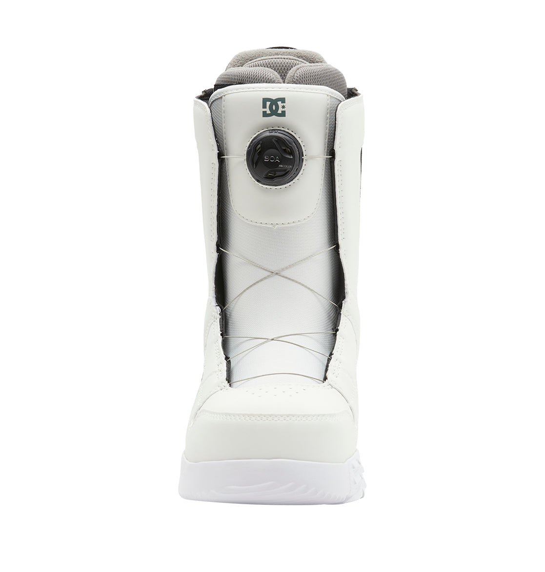 A front view of the DC Shoes Men’s Phase BOA® Snowboard Boot in white, showcasing its black BOA® Fit System dial and gray top lining.