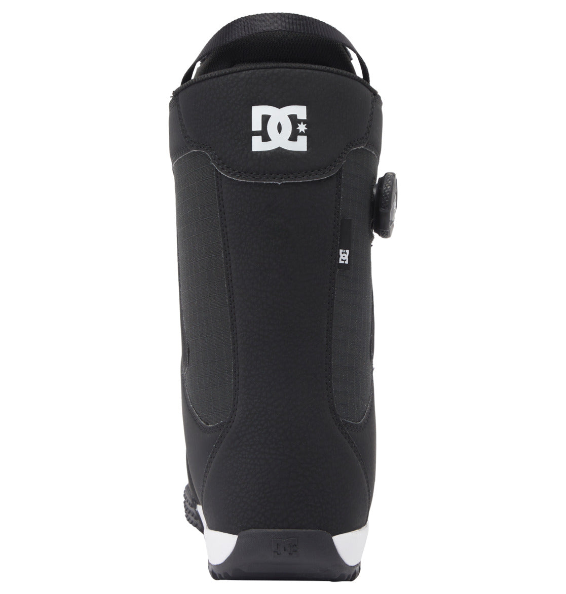Men’s Phase Pro BOA® Snowboard Boot by DC Shoes in black, shown from the back with the white DC Shoes logo at the top and a round adjustment dial on the side. The textured sole and heel provide extra grip, while PrimaLoft® insulation keeps feet warm and comfortable on the slopes.