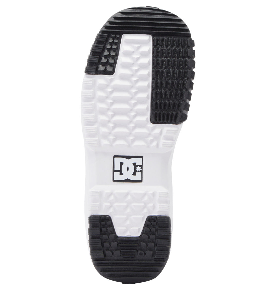 The photo shows the white and black sole of a DC Shoes Men’s Phase Pro BOA® Snowboard Boot, featuring varied textured patterns for enhanced grip—a performance-driven design inspired by DC’s snowboard boots. The iconic DC logo is visible in the center.