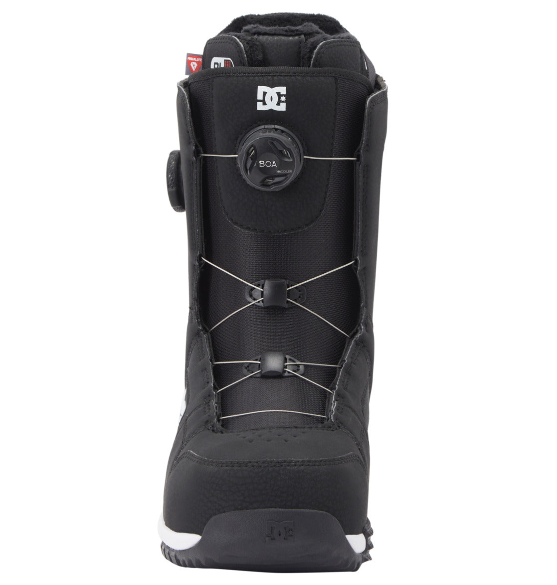A front-facing view of the DC Shoes Men’s Phase Pro BOA® Snowboard Boot in black, showcasing PrimaLoft insulation, a BOA® lacing system with silver wires, and the DC logo on both the tongue and toe, set against a white background.