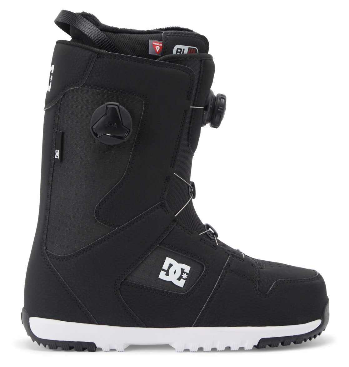 A pair of Men’s Phase Pro BOA® Snowboard Boots by DC Shoes in black with white accents, showcasing a side dial BOA® tightening system for a secure fit, PrimaLoft insulation for extra warmth, and visible DC Shoes logos on the heel and side, displayed against a white background.
