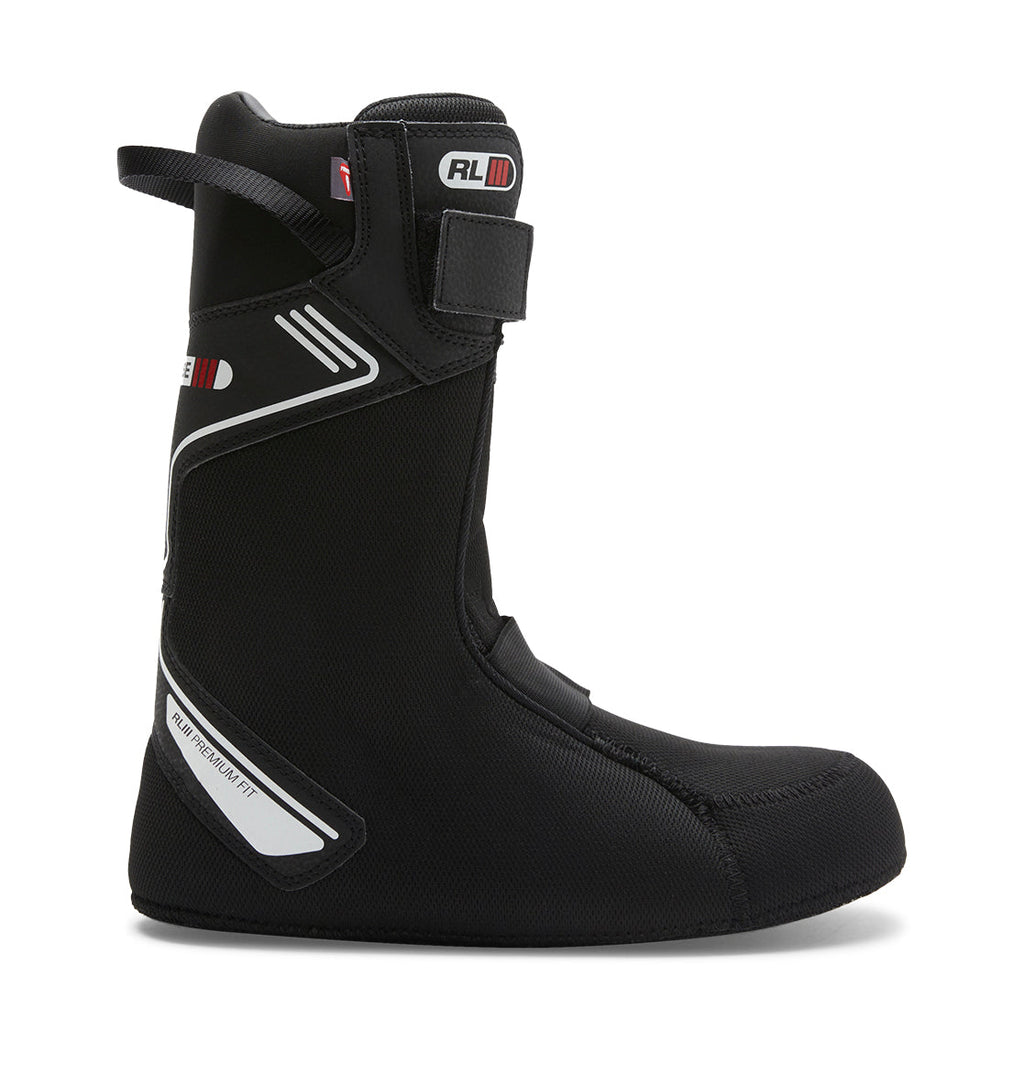 Introducing the Men’s Transcend BOA® Snowboard Boots by DC Shoes, featuring a sleek black removable liner with white and red accents. Designed for all-mountain versatility and comfort, the liner offers reinforced stitching, a convenient hook-and-loop strap at the top, and a pull tab on the back for easy handling—perfect for wherever your ride takes you.
