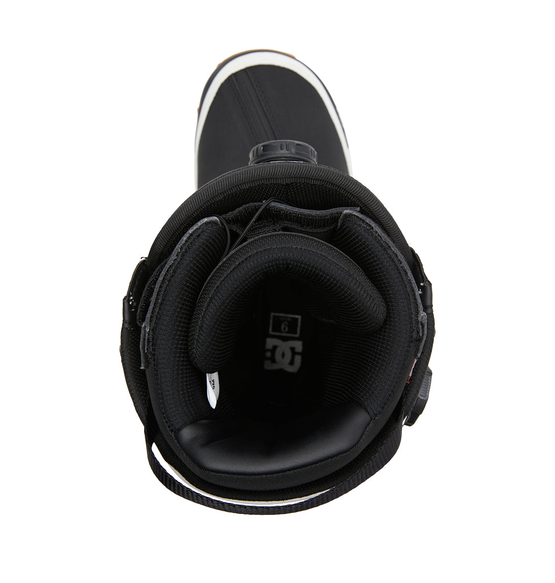 Top view of the DC Shoes Men’s Transcend BOA® Snowboard Boot in black, featuring a padded interior lining, PrimaLoft insulation, and a visible DC logo on the insole.