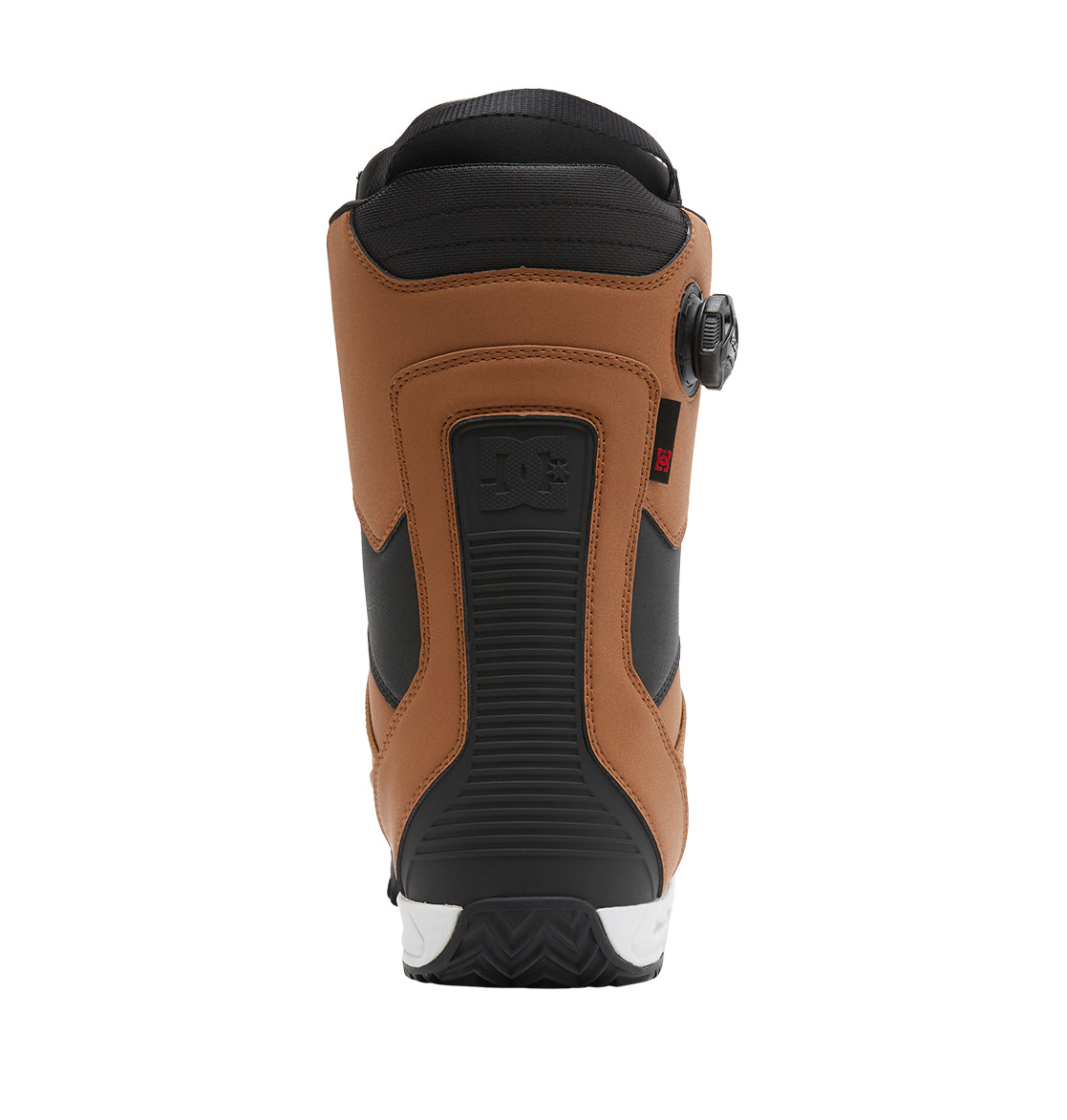 A rear view of the DC Shoes Men’s Transcend BOA® Snowboard Boots in brown and black, showcasing a ridged black heel section and a round BOA® Fit System adjustment dial on the side.