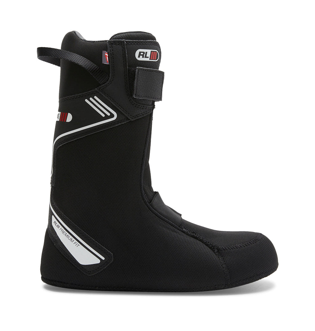 The Men’s Transcend BOA® Snowboard Boots from DC Shoes feature a sleek black liner with a Velcro strap at the top, white accents, and a convenient pull loop on the back. Subtle branding and a minimal design make these boots an ideal choice for all-mountain riders seeking comfort and versatility.